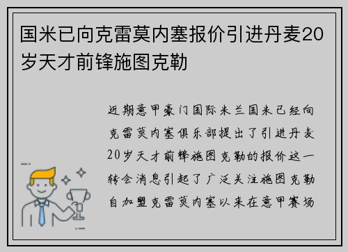 国米已向克雷莫内塞报价引进丹麦20岁天才前锋施图克勒 国米已向克雷莫内塞报价引进丹麦20岁天才前锋施图克勒